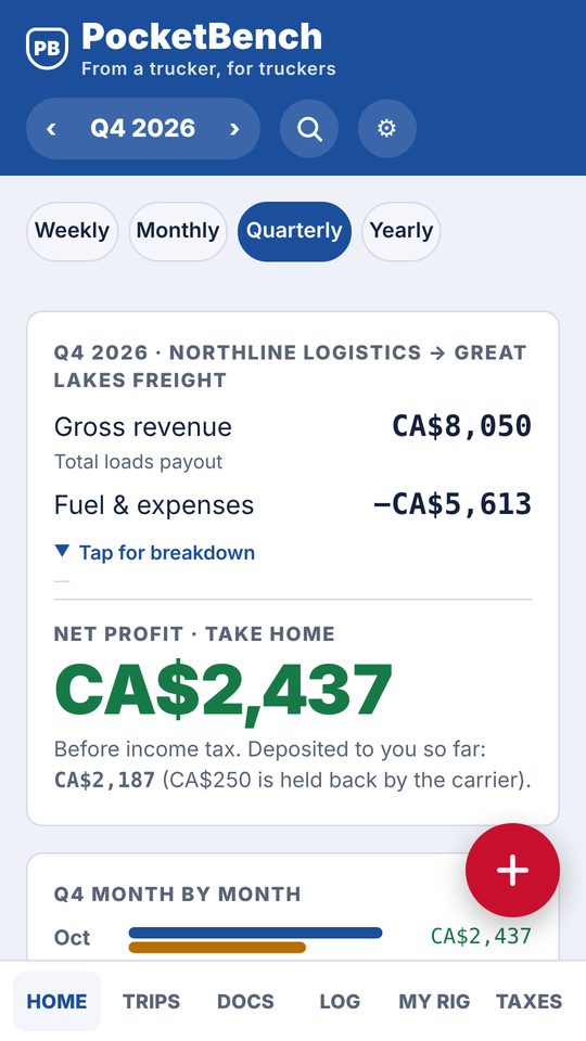 PocketBench home screen showing a quarter's revenue, fuel and expenses, and net profit
